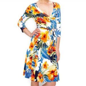 Janette Fashion Hibiscus Faux Wrap Knee Length Dress